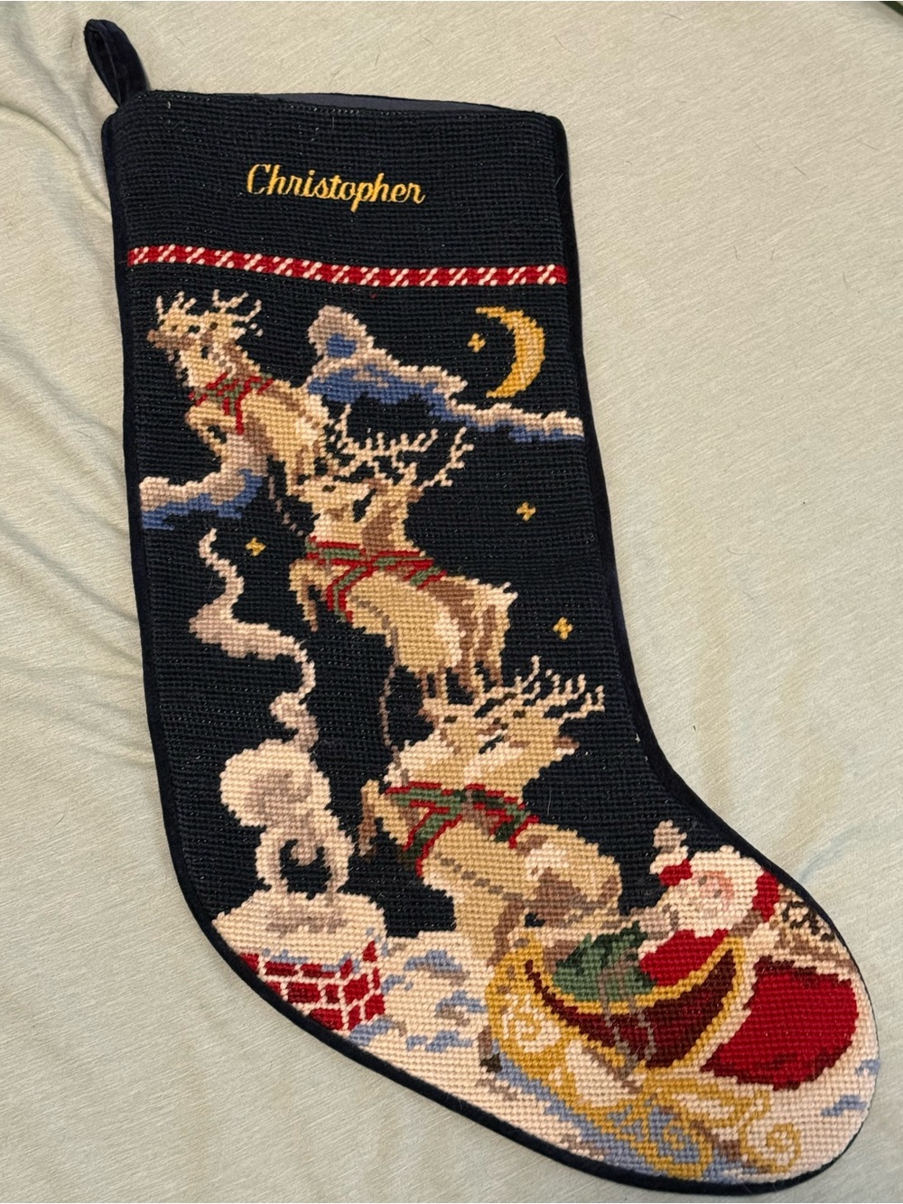 Lands' End Navy Needlepoint Christmas Stocking with Santa & Reindeer